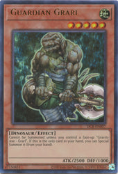 An Ultra Rare "Guardian Grarl" card from the Yugioh Set: Dark Crisis 25th Anniversary Edition.