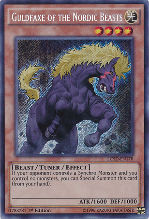 A Secret Rare "Guldfaxe of the Nordic Beasts" card from the Yugioh Set: Legendary Collection: 5D's (LC5D).