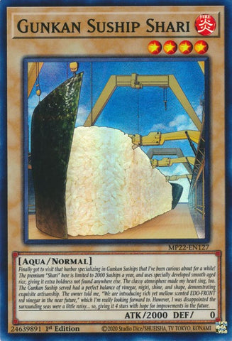 A Super Rare "Gunkan Suship Shari" card from the Yugioh 2022 Tin of the Pharaoh's Gods Set.