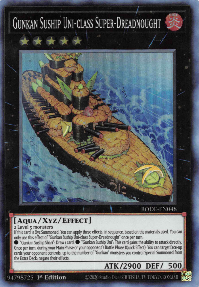  A Super Rare "Gunkan Suship Uni-Class Super-Dreadnought" card from the Yugioh Set: Burst of Destiny (BODE).