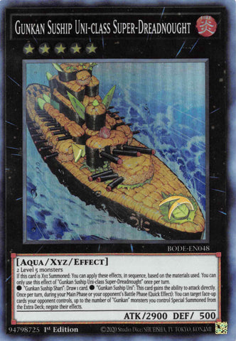  A Super Rare "Gunkan Suship Uni-Class Super-Dreadnought" card from the Yugioh Set: Burst of Destiny (BODE).