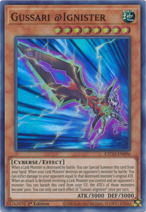  A Super Rare "Gussari @Ignister" card from the Yugioh Set: Eternity Code.