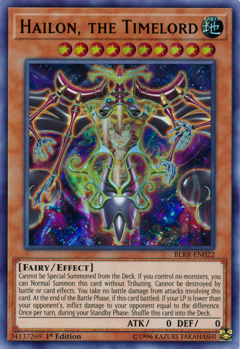 An Ultra Rare "Hailon, the Timelord" card from the Yugioh Set: battles of Legend: Relentless Revenge (BLRR).