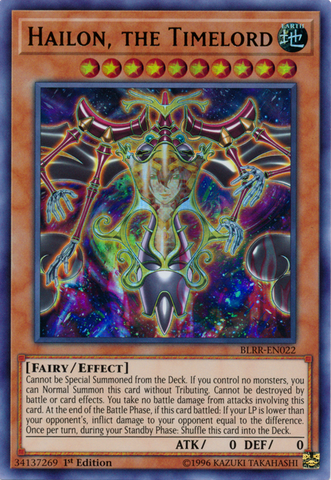 An Ultra Rare "Hailon, the Timelord" card from the Yugioh Set: battles of Legend: Relentless Revenge (BLRR).