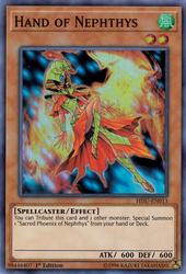 A Super Rare "Hand of Nephthys" card from the Yugioh Set: The Hidden Summoners (HISU).