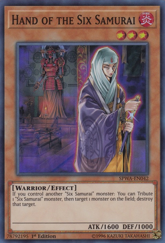 A Super Rare "Hand of the Six Samurai" card from the Yugioh Set: Spirit Warriors (SPWA).