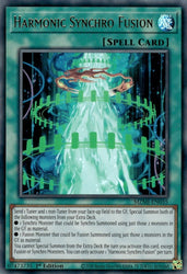 An Ultra Rare "Harmonic Synchro Fusion" card from the Yugioh Set: Maze of Millennia (MZMI).