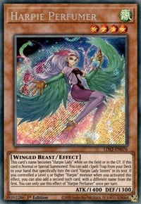 A Secret Rare "Harpie Perfumer" card from the Yugioh Set: Legendary Duelists: Season 2 (LDS2)