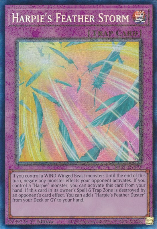 A Prismatic Collector's Rare "Harpie's Feather Storm" card from the Yugioh Set: Rarity Collection 1 (RA01).