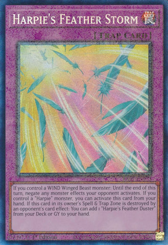 A Prismatic Collector's Rare "Harpie's Feather Storm" card from the Yugioh Set: Rarity Collection 1 (RA01).