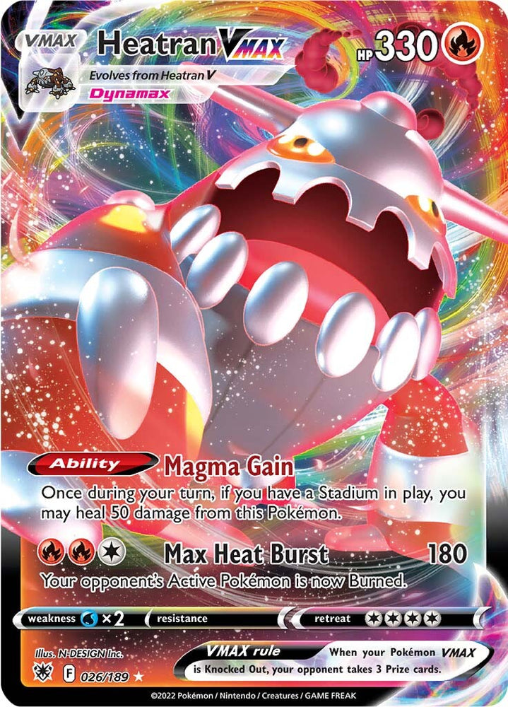 An Ultra Rare "Heatran Vmax" (026/189) card from the Pokemon Set: Astral Radiance.