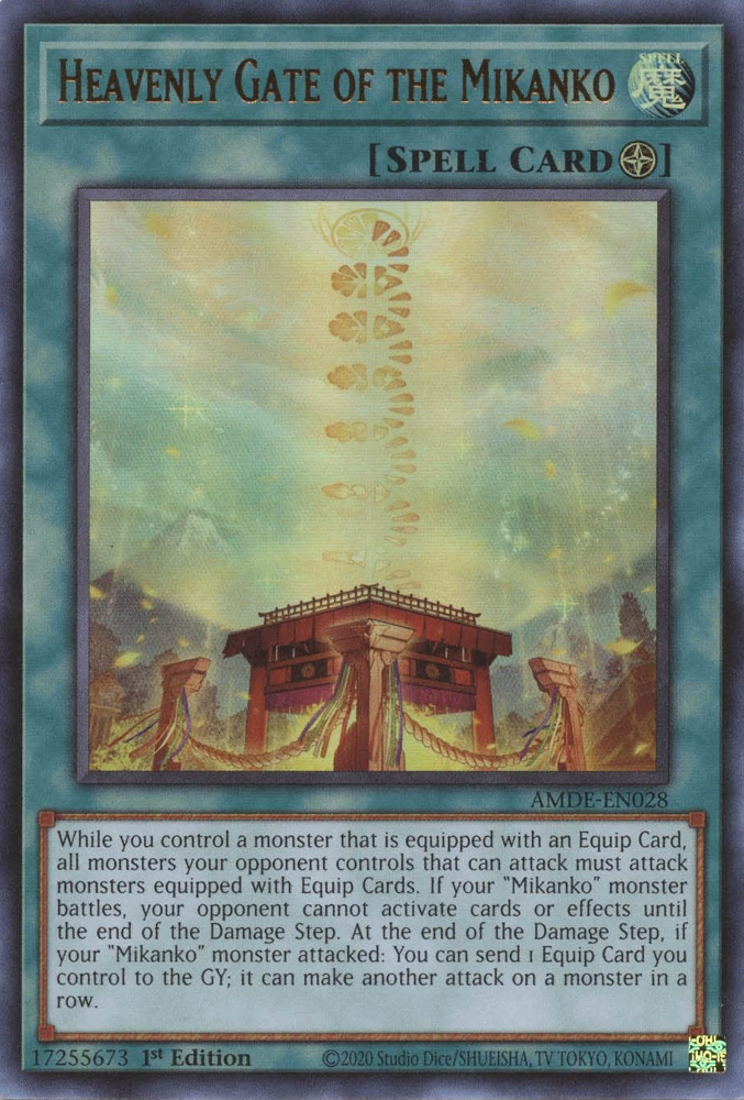 An Ultra Rare "Heavenly Gate of the Mikanko" card from the Yugioh Set: Amazing Defenders (AMDE).