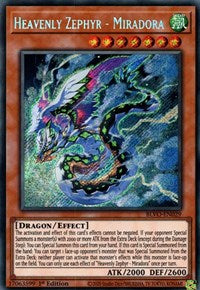 A Secret Rare "Heavenly Zephyr - Miradora" card from the Yugioh Set: Blazing Vortex (BLVO).