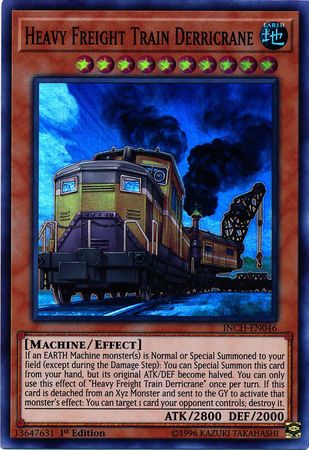  A Super Rare "Heavy Freight Train Derricrane" card from the Yugioh Set: The Infinity Chasers (INCH).