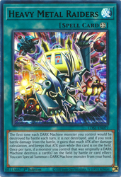 An Ultra Rare Green "Heavy Metal Raiders" card from the Yugioh Set: Legendary Duelists: Season 1.