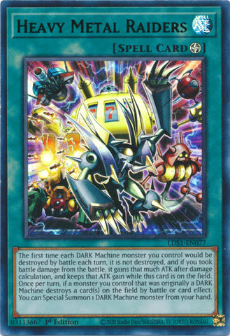 An Ultra Rare Green "Heavy Metal Raiders" card from the Yugioh Set: Legendary Duelists: Season 1.