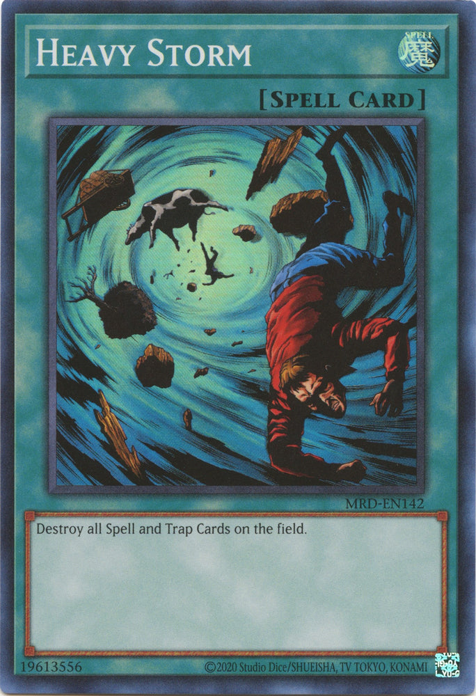 A Super Rare "Heavy Storm" card from the Yugioh Set: Metal Raiders (MRD) 25th Anniversary Edition.