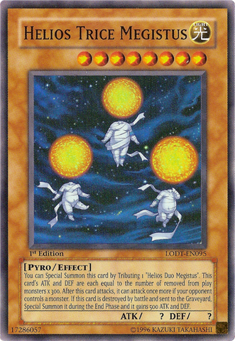 A Super Rare "Helios Trice Megistus" card from the Yugioh Set: Light of Destruction (LODT).