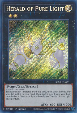 A Secret Rare "Herald of Pure Light" card from the Yugioh Set: Battles of Legend: Monstrous Revenge (BLMR).