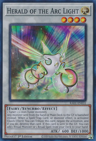 A Super Rare "Herald of the Arc Light" card from the Yugioh Set: Rarity Collection 1 (RA01). 