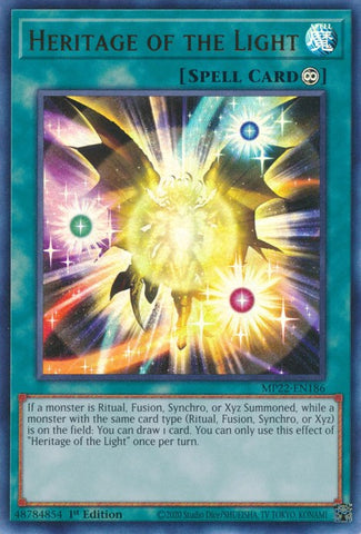 An Ultra Rare "Heritage of the Light" card from the Yugioh 2022 Tin of the Pharaoh's Gods Set (MP22).