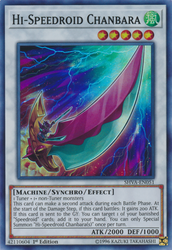 A Super Rare "Hi-Speedroid Chanbara" card from the Yugioh Set: Shadows in Valhalla (SHVA).