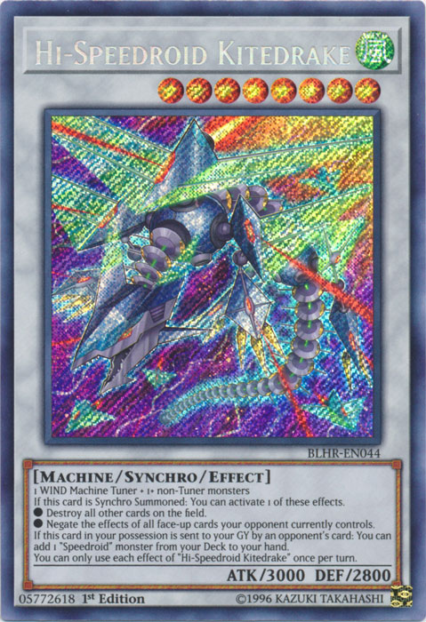A Secret Rare "Hi-Speedroid Kitedrake" card from the Yugioh Set: Battles of Legend: Hero's Revenge.