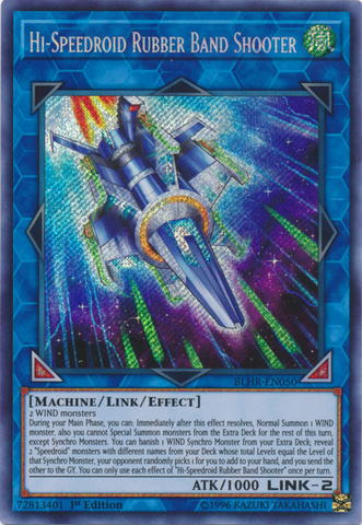 A Secret Rare "Hi-Speedroid Rubber Band Shooter" card from the Yugioh Set: Battles of Legend: Hero's Revenge.