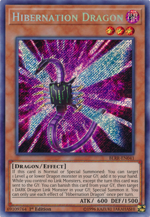 A Secret Rare "Hibernation Dragon" card from the Yugioh Set: Battles of Legend: Relentless Revenge (BLRR).