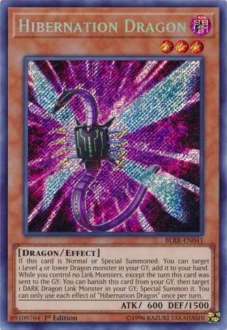 A Secret Rare "Hibernation Dragon" card from the Yugioh Set: Battles of Legend: Relentless Revenge (BLRR).