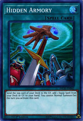 A Super Rare "Hidden Armory" card from the Yugioh Set: The Infinity Chasers.
