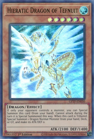 An Ultra Rare "Hieratic Dragon of Tefnuit" card from the Yugioh Set: Ghosts From the Past (GFTP).