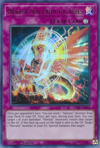 An Ultra Rare "Hieratic Seal From the Ashes" card from the Yugioh Set: Ghosts From the Past (GFTP).