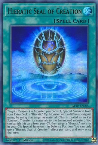 An Ultra Rare "Hieratic Seal of Creation" card from the Yugioh Set: Ghosts From the Past (GFTP).