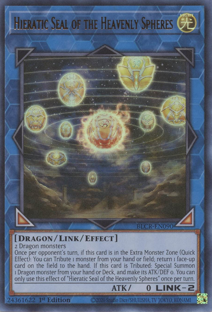 An Ultra Rare "Hieratic Seal of the Heavenly Spheres" card from the Yugioh Set: Battles of Legend: Crystal Revenge (BLCR).