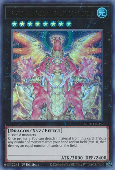An Ultra Rare "Hieratic Sun Dragon Overlord of Heliopolis" card from the Yugioh Set: Ghosts From the Past (GFTP).