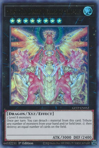 An Ultra Rare "Hieratic Sun Dragon Overlord of Heliopolis" card from the Yugioh Set: Ghosts From the Past (GFTP).