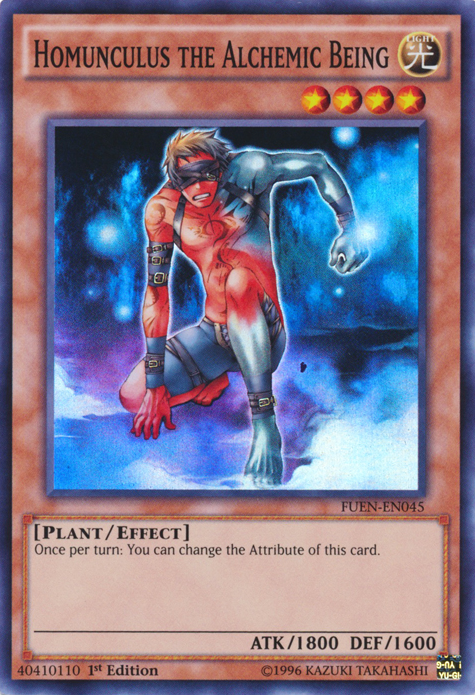 A Super Rare "Homunculus the Alchemic Being" card from the Yugioh Set: Fusion Enforcers (FUEN).