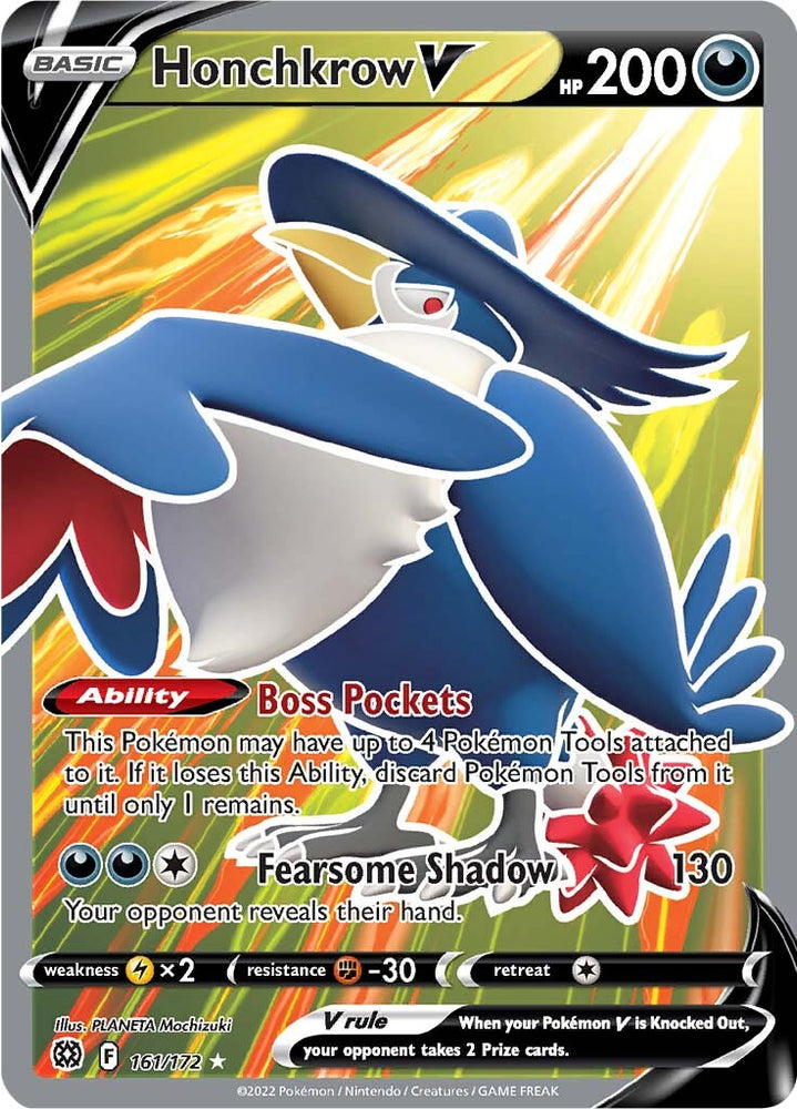 An Ultra Rare "Honchkrow V" (161/172) card from the Pokemon Set: Brilliant Stars.