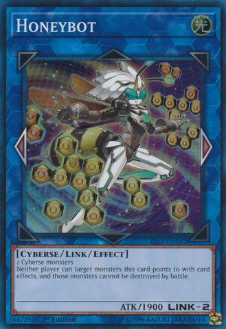 A Super Rare "Honeybot" card from the Yugioh Starter Deck: Link Strike.