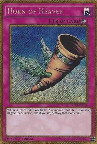 A Gold Secret Rare "Horn of Heaven" card from the Yugioh Set: Premium Gold: Infinite Gold (PGL3).