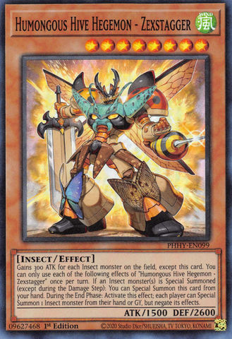 A Super Rare "Humongous Hive Hegemon - Zexstagger" card from the Yugioh Set: Photon Hypernova (PHHY).