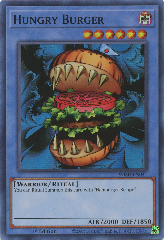 A Super Rare "Hungry Burger" card from the Yugioh Set: Wild Survivors.