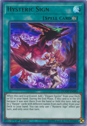An Ultra Rare "Hysteric Sign" card from the Yugioh Set: Duel Overload.