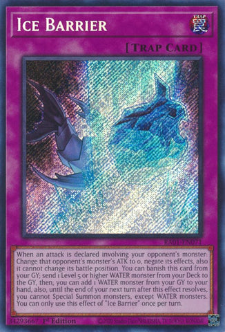 A Secret Rare "Ice Barrier" card from the Yugioh Set: Rarity Collection 1 (RA01).
