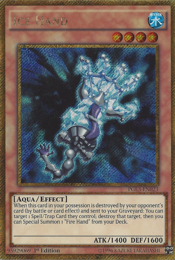 A Gold Secret Rare "Ice Hand" card from the Yugioh Set: Premium Gold: Infinite Gold (PGL3).