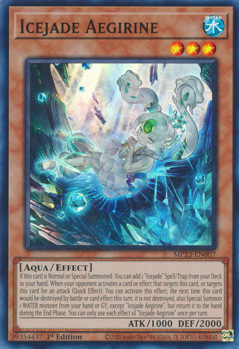 A Super Rare "Icejade Aegirine" card from the Yugioh 25th Anniversary Tin: Dueling Heroes set.