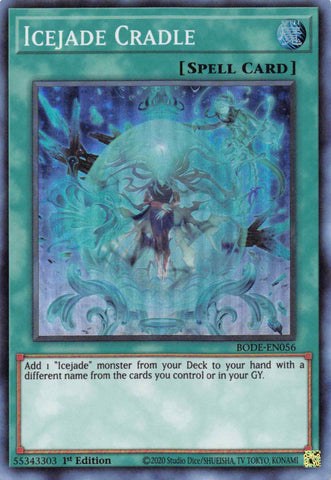  A Super Rare "Icejade Cradle" card from the Yugioh Set: Burst of Destiny.