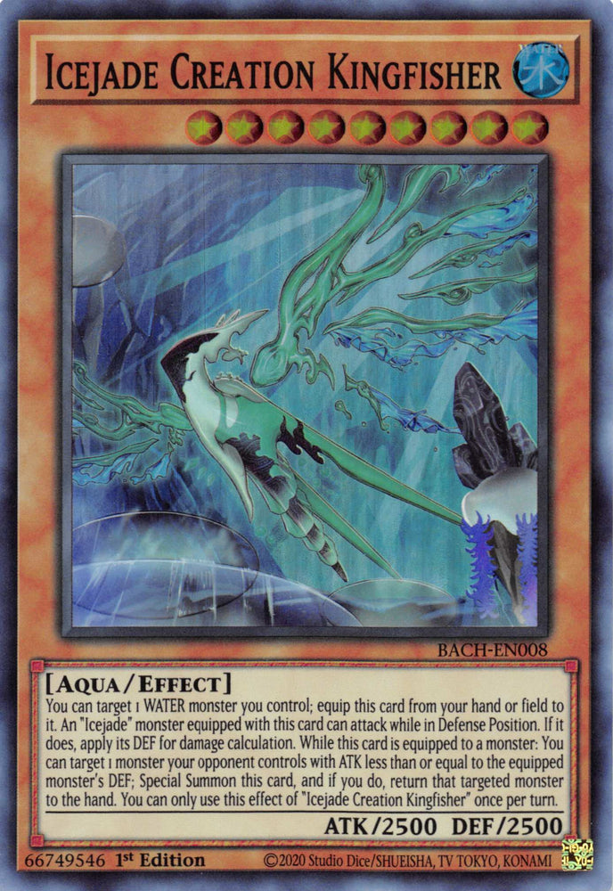  A Super Rare "Icejade Creation Kingfisher" card from the Yugioh Set: Battle of Chaos.