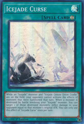 A Super Rare "Icejade Curse" card from the Yugioh 25th Anniversary Dueling Heroes Mega-Tin Mega Pack.